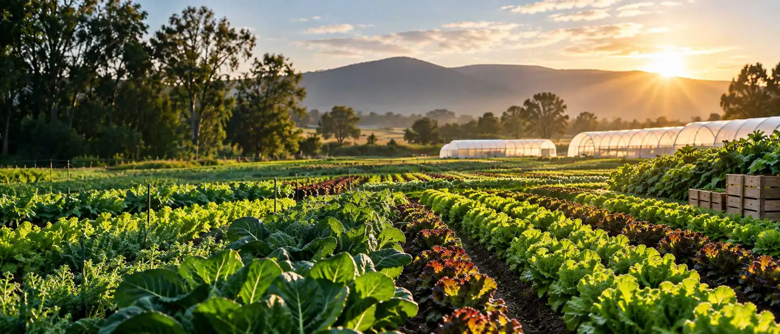 Commercial vegetable crops growing in natural sunlight
